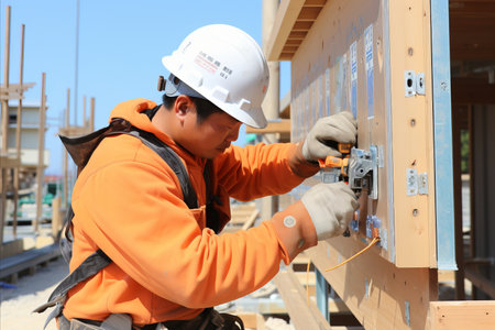 Professional Electricians Installing Electrical Cables in Private Residential Buildingの素材