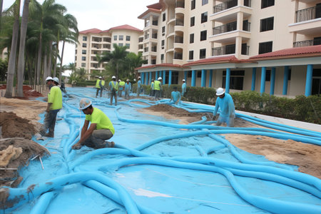 Internal Communications Installation in Frame Apartment. Workers Installing Cables and Pipesの素材