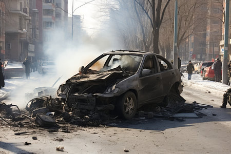 Snowstorm causes traffic accident on city road with dangerous unpaved conditionsの素材