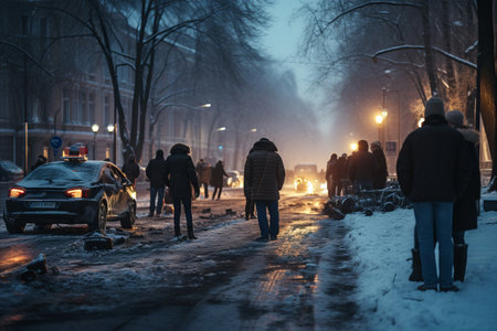 City Road Traffic Accident. Snowstorm Causes Collision of Two Cars in Russian Cityの素材