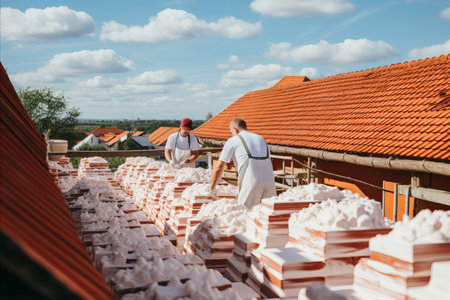 Installation of Flexible Tiles on Frame House Roof, Work Process, Reportage Shootingの素材