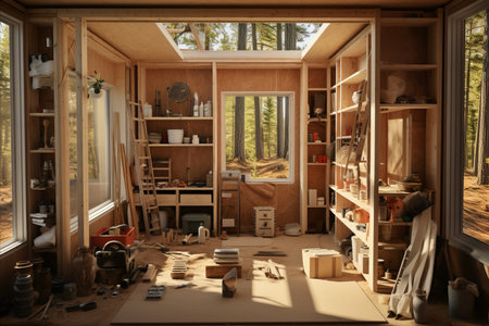 Phased Installation of Wooden Frame. Workers with Racks and Partitioning a Houseの素材