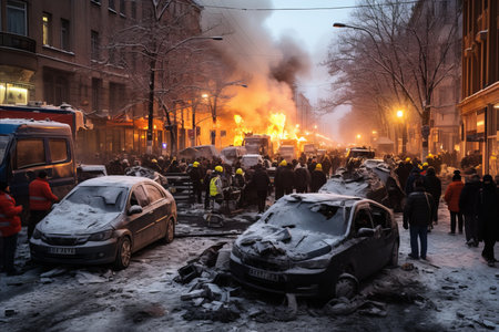 Severe Snowstorm Causes Traffic Accident. Two Cars Collide on City Road in Russian Eveningの素材
