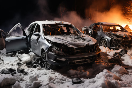 Traffic Accident in Russian City. Two Cars Collide During Severe Snowstorm on Evening City Roadの素材