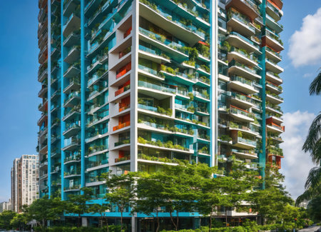 Facade of a modern multi-storey residential buildin.の素材