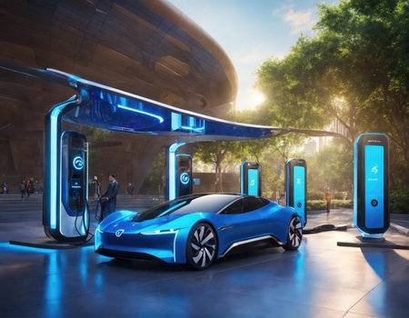 Front of the car with motion lighting background, EV car concept, Banner size.の素材