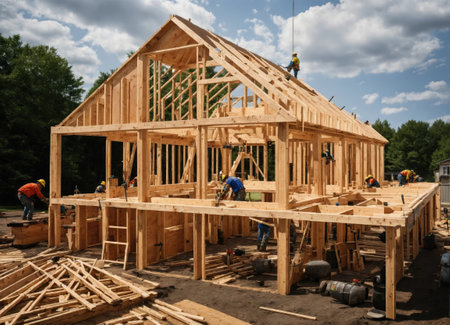 Home construction. The frame of the house. Cottage. The beginning of the construction of the Cottage. House made of laminated veneer lumber.の素材