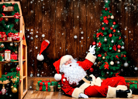 Happy Santa Claus, Saint Nicholas holding letter looking to camera, talking to webcam video calling or recording Happy New Year,の素材
