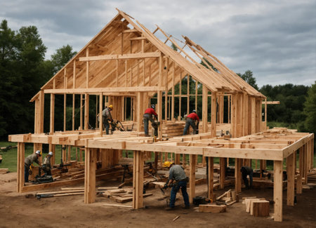 Home construction. The frame of the house. Cottage. The beginning of the construction of the Cottage. House made of laminated veneer lumber.の素材