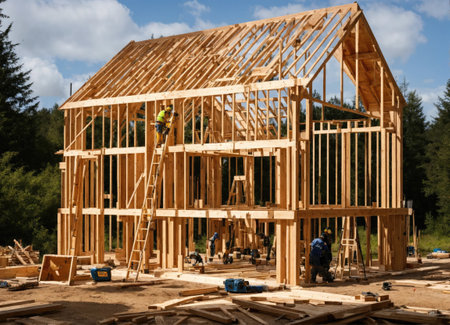 Home construction. The frame of the house. Cottage. The beginning of the construction of the Cottage. House made of laminated veneer lumber.の素材