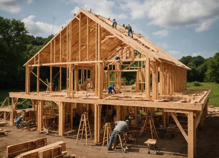 Home construction. The frame of the house. Cottage. The beginning of the construction of the Cottage. House made of laminated veneer lumber.の素材