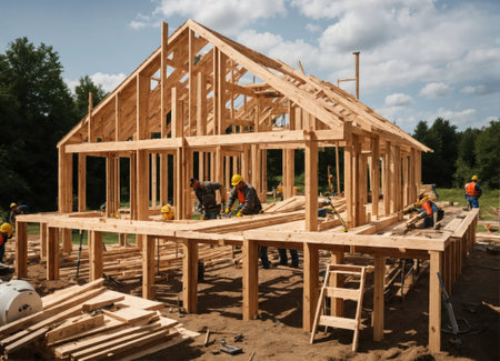 Home construction. The frame of the house. Cottage. The beginning of the construction of the Cottage. House made of laminated veneer lumber.の素材