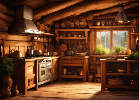 old times farmhouse - interior of an old country house with fireplace and kitchen.の素材