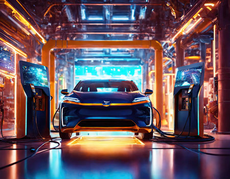 Front of the car with motion lighting background, EV car concept, Banner size.の素材