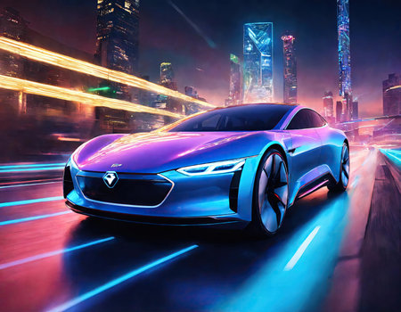 Front of the car with motion lighting background, EV car concept, Banner size.の素材