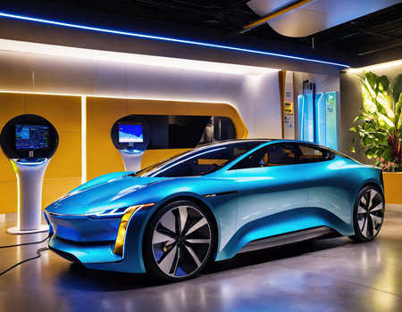 Front of the car with motion lighting background, EV car concept, Banner size.の素材