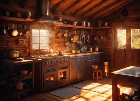 old times farmhouse - interior of an old country house with fireplace and kitchen.の素材