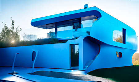 Modern exterior of luxury cottage. Private house in scandinavian style at winter evening.の素材