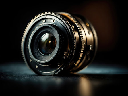 Photo Camera or Video lens close-up on black backgroundの素材