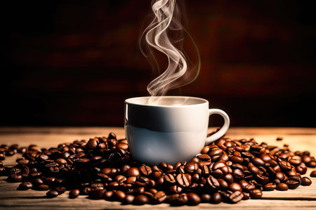Coffee cup and saucer on a table. Dark background.の素材
