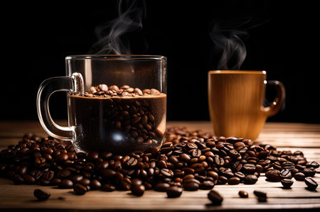 Coffee cup and saucer on a table. Dark background.の素材