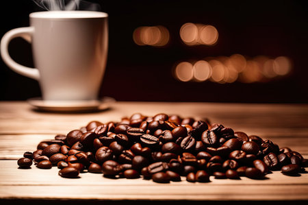Coffee cup and saucer on a table. Dark background.の素材
