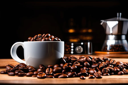 Coffee cup and saucer on a table. Dark background.の素材