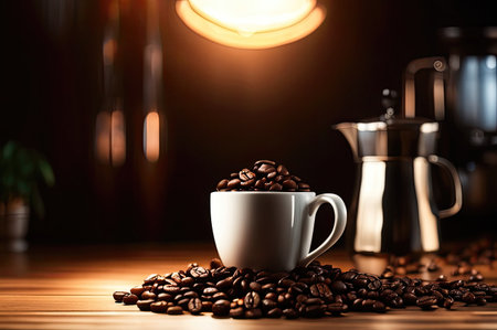 Coffee cup and saucer on a table. Dark background.の素材