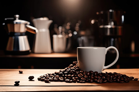 Coffee cup and saucer on a table. Dark background.の素材