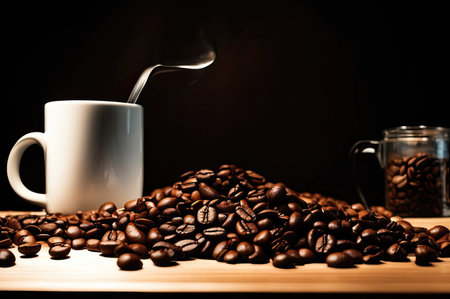 Coffee cup and saucer on a table. Dark background.の素材