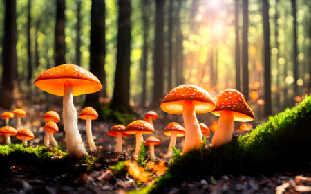 Fly agaric or fly-amanita mushrooms fungi with dark blur background and grass on surface.の素材