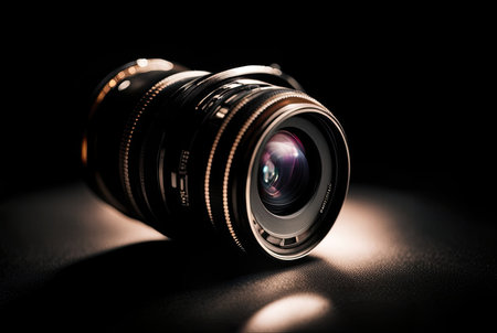 Photo Camera or Video lens close-up on black backgroundの素材