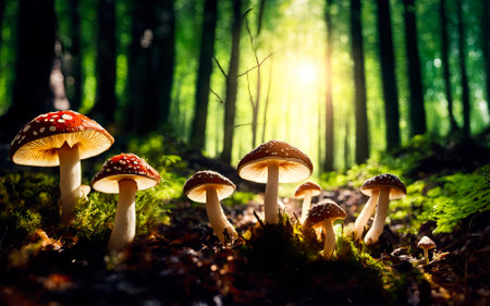 Fly agaric or fly-amanita mushrooms fungi with dark blur background and grass on surface.の素材