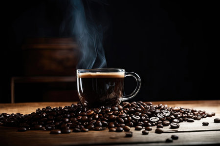 Coffee cup and saucer on a table. Dark background.の素材