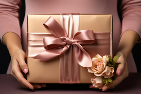 Model Focused on Gift with Bouquet, Creating Precious Moment for March 8 Holidayの素材