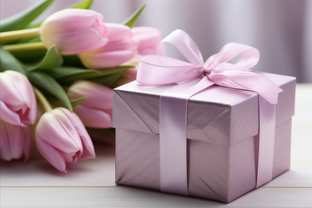 Captivating March 8 Moment. Models Focused Gift Excitement with Bouquet - Studio Photographyの素材