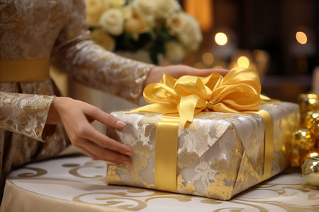 Unveiling Joy and Anticipation. Model Eagerly Unties Ribbon, Curiously Examining Gift Contentsの素材