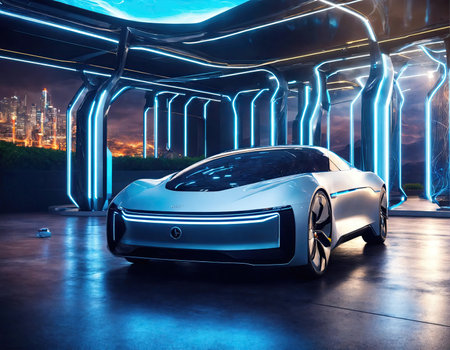 Front of the car with motion lighting background, EV car concept, Banner size.の素材