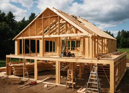 Home construction. The frame of the house. Cottage. The beginning of the construction of the Cottage. House made of laminated veneer lumber.の素材