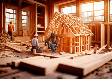 Home construction. The frame of the house. Cottage. The beginning of the construction of the Cottage. House made of laminated veneer lumber.の素材