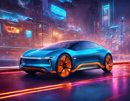 Front of the car with motion lighting background, EV car concept, Banner size.の素材