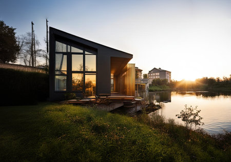 Modern exterior of luxury cottage. Private house in scandinavian style at winter eveningの素材