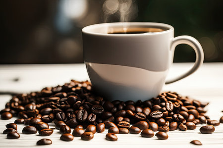 Coffee cup and saucer on a table. Dark backgroundの素材