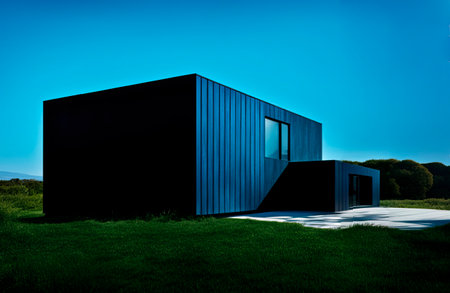 Modern exterior of luxury cottage. Private house in scandinavian style at winter eveningの素材