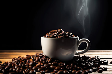 Coffee cup and saucer on a table. Dark backgroundの素材