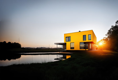 Modern exterior of luxury cottage. Private house in scandinavian style at winter eveningの素材