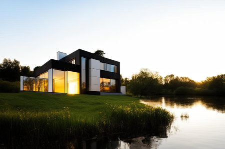 Modern exterior of luxury cottage. Private house in scandinavian style at winter eveningの素材