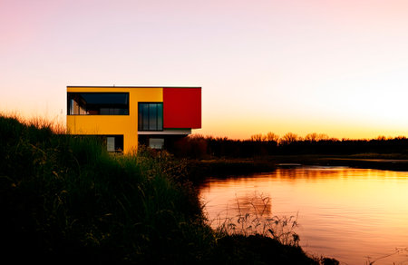 Modern exterior of luxury cottage. Private house in scandinavian style at winter eveningの素材