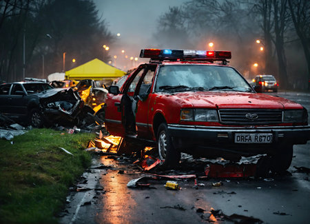 Car crash night rescue city emergency service.の素材