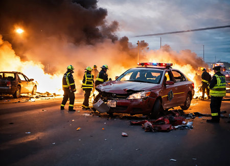 Car crash night rescue city emergency service.の素材